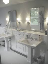 Bathroom with pedestal sink ideas. Love The Cabinets Ledge Built Behind Pedestal Sinks Pedestal Sinks Pedastal Sink Bathroom Bathrooms Remodel