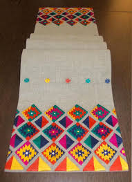 Table Runner Pure Linen Multicolor Embroidery Aztec Etsy In 2020 Phulkari Embroidery Pure Linen Embroidery Motifs