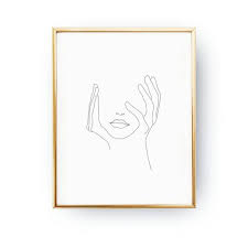 Hands On Face Lips Print Black And White Sketch Art Line Drawing Prints Black And White Sketches Hands On Face