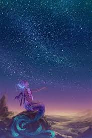 Anime Picture 798x1200 With Original Hiko Single Tall Image Sitting Purple Hair Sky Profile Night Glowin Anime Mermaid Art Mermaid Art