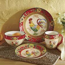 This 16 piece dinnerware set includes (4) of each dinner plate, salad plate, soup/cereal bowl and mug. 16 Piece Sunflower Rooster Dinnerware Set Rooster Kitchen Decor Rooster Decor Rooster Kitchen