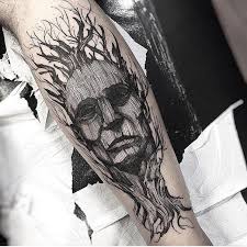 Black And White Woods Tattoo Insane Face In The Woods Tattoo Linework Dotwork Tattoo Sketch Style Tattoos Nature Tattoos Face Tattoo