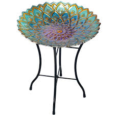 Peaktop 18 In Glass Outdoor Fusion Mosaic Flower Birdbath With Stand 3014051 The Home Depot In 2020 Glass Bird Bath Bird Bath Metal Bird Bath