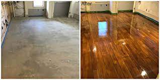 Basement Floor Transformation With Rustic Concrete Wood Linden Va Concrete Coatings Concrete Decor Concrete Wood