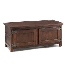 This sturdy wood table resembles an antique ice box with replica hardware and a distressed finish adding to the authentic design. Portland Ice Box Wood Coffee Table Bench With Replica Hardware Walnut Plowhearth