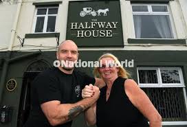 39877721-Arm wrestling competition held at The Haflway House in  Stanningley. Pictured landlady Christine Clark and organiser Dan Hanlon.  17th October 2023. YPN-231017-162500002 YPN-231017-162500002_