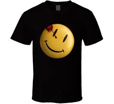 One interpretation is that the stain represents the minute hand of a clock, pointing at 12 minutes to the hour, particularly in an implied connection to the doomsday clock, which represents how close the world is to catastrophic destruction. Watchmen Smiley Face Movie T Shirt