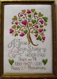 Our 50th or golden wedding anniversary cross stitch patterns are personalised with the couple initials, names, date of anniversary and year of married and the base color of the lettering is in an appropriate golden color. Ye Olde Cross Stitchery Shop Models