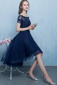 Dark Blue Lace Tulle Short Sleeve High Low Round Neck A Line Short Prom Dresses Uk Ph408 In 2020 Dark Blue Prom Dresses Prom Dresses Short Prom Dresses Short Blue