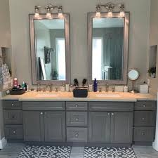 Mint green cabinets or cabinet fronts can be paired with wooden or white countertops and a consider a light and fresh tone of green for the kitchen cabinets if the room is small or they look exquisite in combination with the warm gray cabinetry and the marble. 75 Beautiful Bathroom With Gray Cabinets And Green Walls Pictures Ideas July 2021 Houzz