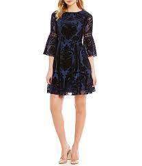 Eliza J Velvet Burn Out 3 4 Bell Sleeve Fit And Flare Dress Dillards Burnout Velvet Dress Fit And Flare Dress Metallic Cocktail Dresses