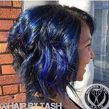 Textured Angled A Line Lob With Fun Royal Blue Balayage Highlights Color Bright Hair Colors Bright Blue Hair Blue Hair Highlights