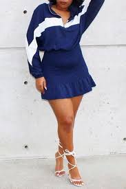 Cheap Two Piece Skirt Set Lovely Casual Patchwork Dark Blue Two Piece Skirt Set In 2020 Two Piece Skirt Set Blue Two Piece Refashion Clothes