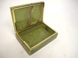 This faberge style trinket box is constructed from a pewter base. Vintage Green Onyx Trinket Jewelry Box Property Room