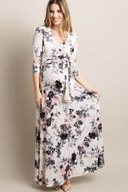 White Floral Petite Maternity Nursing Maxi Wrap Dress Biru