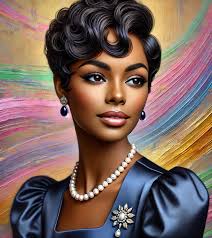 A colored, realistic airbrush painting of an African-American woman with  braided twists flowing down her back, showcasing their intricate texture  and beauty. She is wearing a champagne-colored dress, exuding glamour and  refinement.