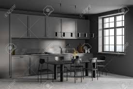 Maybe you would like to learn more about one of these? Dark Gray Kitchen Room With Kitchen Set On Gray Marble Floor Eating Table With Chairs Near Window Side View 3d Rendering No People Stock Photo Picture And Royalty Free Image Image 163242491