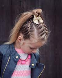 Small Beige Bow Long Blonde Hair Flower Girl Hairstyles Braids Ending In A Ponytail Black Leather White Girl Braids Picture Day Hair Little Girl Hairstyles