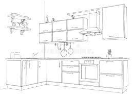 Sketch Contour Drawing Of 3d Modern Corner Kitchen Interior Black And White Stock Illustratio In 2020 Interior Design Drawings Interior Design Sketches Kitchen Drawing