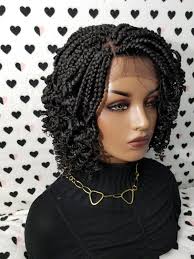 Black Box Braids With Color In The Front Handmade Box Braid Braided Lace Front Wig With Curly Ends Etsy Short Box Braids Braided Hairstyles For Black Women Box Braids Hairstyles