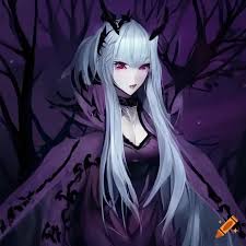 Detailed depiction of an anime demon woman with white hair and blood red  eyes on Craiyon