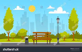 City Park Landscape Green Grass Bench And Trees Summer Scenery With Blue Sky Walkway In Park Vector Ill City Parks Landscape Park Landscape Cartoon Styles