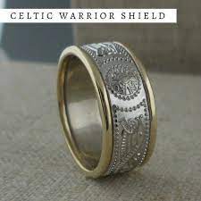 Celtic Warrior Shield Wedding Ring 14k White Gold Center With 14k Yellow Gold Trim 9 Mm Wide Ma Celtic Wedding Rings Celtic Warriors Wedding Rings Unique
