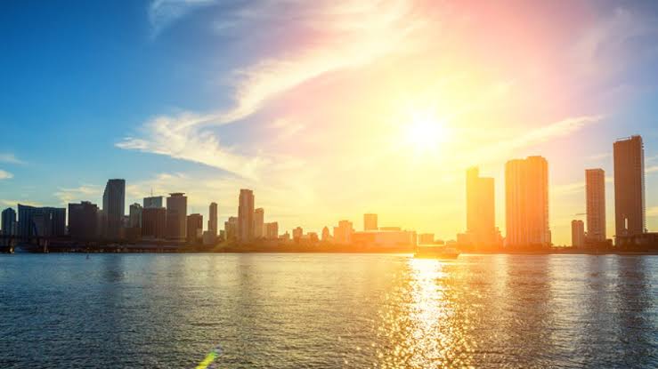Miami skyline during extreme heat as temperatures reached 100 degrees Fahrenheit