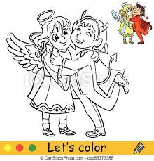 Choose your favorite angels and demons drawings from millions of available designs. Halloween Coloring With Colored Example Angel Demon Cute Little Children In Costumes Of Angel And Demon Hugging Coloring Canstock