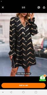 Women's black dress with gold accent print, notched neckline, long sleeve.  97%Polyester 3% spandex Machine wash See size chart for measurements