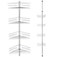 Aquaterior 4 Baskets Bathtub Corner Shower Caddy Adjustable Pole Silver Shower Shelves Shower Rack Metal Shower