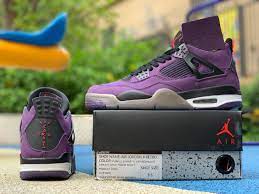 Other details includes a red sock liner and black and blue speckle accents throughout the entire shoe. Travis Scott X Air Jordan 4 Purple Suede For Sale Air Jordans Jordans Purple Suede