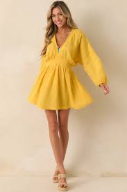 Yellow Cotton Gauze Mini Dress - Casual Dresses | Red Dress
