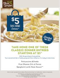 The entrees are freshly prepared, then chilled, so they are ready to take home when you're done dining in. Olive Garden July 2021 Coupons And Promo Codes