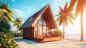 Ilustrasi 3d Rumah Kayu Tropis Di Pantai Dengan Desain Arsitektur Luar  Ruangan, Latar Belakang Pulau, Pulau Tropis, Pemandangan Pantai Latar  Belakang untuk Unduhan Gratis