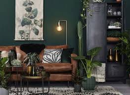 Modern Scandinavian Living Room With Green Walls And Interior And Brown Leather Sofa Living Room Wall Color Living Room Colors Green Walls Living Room