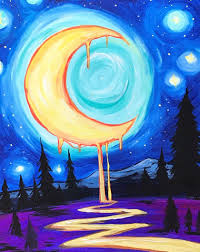 Spend An Eveing At Pinot S Palette Painting A River Of Dreams Flows From Asparkling Crescent Moon Canvas Art Painting Trippy Painting Diy Canvas Art