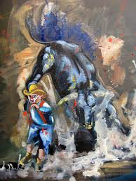 Thunderstruck Painting 52 A Small Boy Rodeo Clown Runs For His Life Chased By A Black Bull By Cinnamon Cooney Painting Art Black Bull
