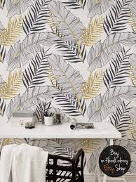 Tropical Gold Leaves Removable Wallpaper Palm Leaf Wall Etsy Temporary Wallpaper Removable Wallpaper Wallpaper