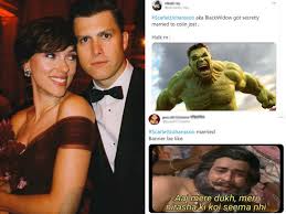 Scarlett johansson and colin jost have tied the knot after getting in engaged in may 2019. Scarlett Johansson S Secret Wedding To Colin Jost Has Fans Hulking Out With Hilarious Memes English Movie News Times Of India