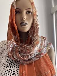 Women's Chiffon Brown Print FARNAS Shawl Hijab Scarf with Headdress