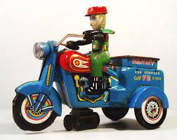 Tin Friction Windup Delivery Trike Bike Motorcycle Driver Yoshiya Ko Japan Bike Toy Motorcycle Tin Toys