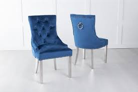 High back knocker ring 2 dining chair velvet buttoned. Blue Velvet Dining Chair With Knocker Chrome Legs Scoop Back Cfs Furniture Uk