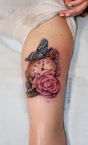Beautiful Pocketwatch Tattoo With Butterfly And Rose Watch Tattoos Pocket Watch Tattoos Butterfly Tattoo
