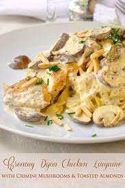 Dijon Chicken Linguine In An Easy Creamy Mushroom Sauce With Almonds Recipe Pasta Dishes Chicken Linguine Chicken Dinner Recipes