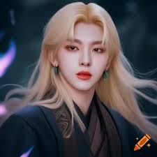 Felix from stray kids with long blonde hair and magical vibe