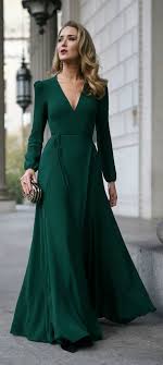 Click For Outfit Details Emerald Green Long Sleeve Floor Length Wrap Dress Black And Gold Geometric Patter Maxi Dress Evening Nice Dresses Evening Dresses