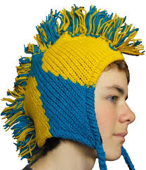 Beanie Mohawk Yellow Blue Adult Unisex Hat Knit 100% Wool Polyfleece Lined 