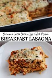 A Simple Breakfast Lasagna Recipe With Cheesy Eggs Bacon And Peppers Baked In A Blend Of Queso Breakfast Lasagna Breakfast Lasagna Recipe Oven Ready Lasagna