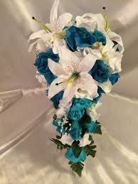 There are so many reasons to use silk flowers for a wedding. Malibu Turquoise White Silk Wedding Bridal Bouquet Cascade Package 17 Pc Cascade Bridal Bouquet Wedding Bridal Bouquets Lily Bridal Bouquet